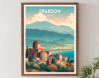 Poster di viaggio retrò di Trebisonda, Turchia, arte urbana vintage moderna di metà secolo, arte murale asiatica