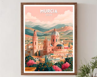 Murcia, Spanje, retro reisposter, moderne vintage stadsgezichten uit het midden van de eeuw, kunst aan de muur Europa