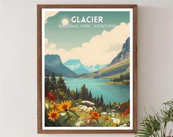 Glacier National Park Montana Retro Travel Poster, Mid Century Modern Vintage Landscape Art, North America Wall Art