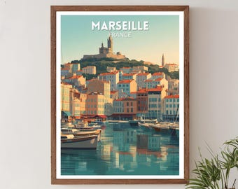 Marseille France Retro Travel Poster, Mid Century Modern Wall Art Print, Vintage Coastal Landscape Decor, European Home Art