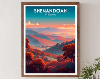 Affiche de voyage vibrante du parc national de Shenandoah en Virginie, impression d'art mural rétro futuriste, paysage de montagne coloré, affiche de Virginie
