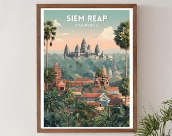 Siem Reap Cambodia Retro Travel Poster, Mid Century Modern Vintage Angkor Temple Art, Asia Wall Art