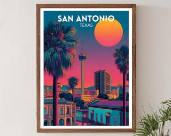 San Antonio Texas Vibrant Travel Poster, Retro Futuristic Wall Art Print, Colorful Cityscape, Modern American Decor