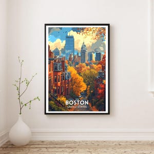 May include: A framed art print featuring a colorful illustration of the Boston skyline. The artwork showcases the city's architecture, with vibrant autumn foliage in the foreground. The text "BOSTON UNITED STATES" is displayed at the bottom.