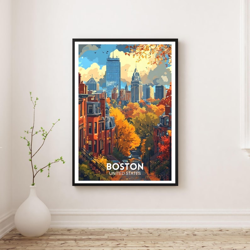 May include: A framed art print featuring a colorful illustration of the Boston skyline. The artwork showcases the city's architecture, with vibrant autumn foliage in the foreground. The text "BOSTON UNITED STATES" is displayed at the bottom.
