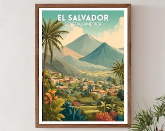 El Salvador Retro Travel Poster, Mid Century Modern Wall Art Print, Vintage Landscape Decor, Central American Home Art