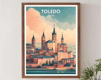 Poster di viaggio retrò di Toledo, Spagna, arte della città storica vintage moderna di metà secolo, arte murale europea