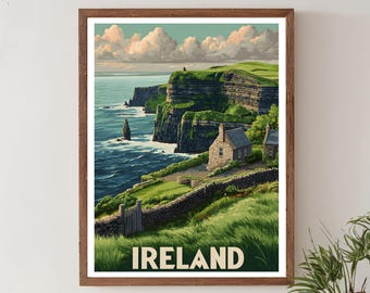 Ireland Travel Poster – Ireland Wall Art, Vintage Ireland Print, Cliffs of Moher Artwork, Celtic Landscape Decor, Europe Travel Print, Irish