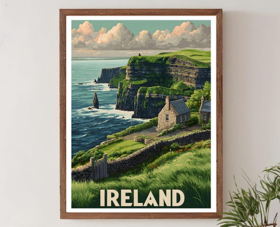 Ireland Travel Poster – Ireland Wall Art, Vintage Ireland Print, Cliffs of Moher Artwork, Celtic Landscape Decor, Europe Travel Print, Irish