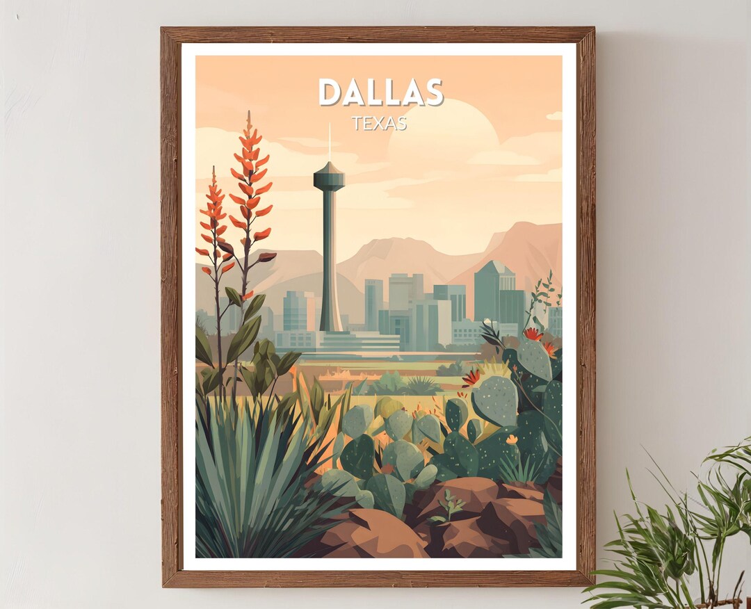 Dallas Texas Retro Travel Poster, Mid Century Modern Vintage Cityscape ...