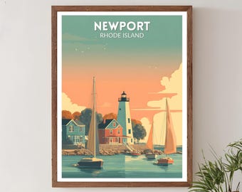 Newport Rhode Island Retro Travel Poster, Mid Century Modern Wall Art Print, Vintage Coastal Landscape Decor, American Home Art