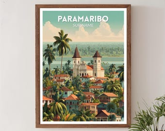 Paramaribo Suriname retro reisposter, moderne vintage stadsgezichten uit het midden van de eeuw, kunst aan de muur Zuid-Amerika