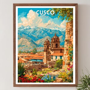 Impresión de póster de viaje a Cusco: arte mural de Perú, póster de Cusco, paisaje urbano andino, pintura de Sudamérica, impresión vintage de viaje a Perú, arte