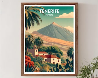 Poster di viaggio retrò di Tenerife, Spagna, arte paesaggistica vintage moderna di metà secolo, arte murale europea