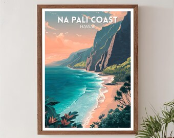 May include: A framed art print featuring the Na Pali Coast in Hawaii. The artwork depicts a vibrant coastal scene with turquoise water, a sandy beach, and lush green cliffs under a colorful sky. The text "NA PALI COAST HAWAII" is displayed at the top.