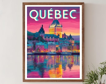 Quebec City Canada Vibrant Travel Poster, Retro Futuristic Wall Art Print, Colorful Cityscape Decor, Canada Poster, Canada Travel Print