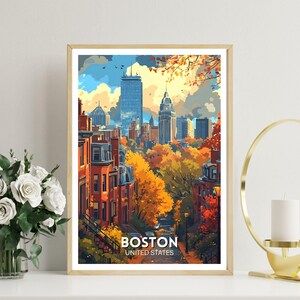 May include: A framed art print of Boston, United States, featuring a cityscape with brownstone buildings and skyscrapers. The artwork showcases autumn foliage in shades of yellow and orange, with the city name at the bottom.