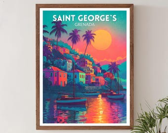St. George's Grenada levendige reisposter, retro futuristische muurkunstprint, kleurrijk tropisch landschap, Grenada poster, modern decor