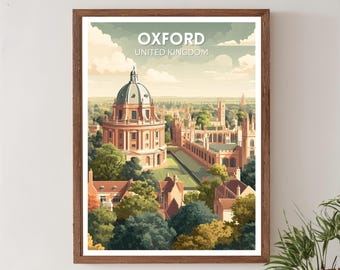 Oxford Verenigd Koninkrijk retro reisposter, moderne vintage historische stadskunst uit het midden van de eeuw, kunst aan de muur Europa