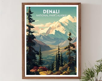 Denali National Park Alaska Retro Travel Poster, Mid Century Modern Vintage Mountain Art, North America Wall Art