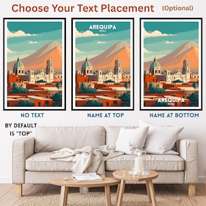 May include: Three framed art prints depicting a stylized cityscape with a mountain backdrop. The prints show a city with white buildings, red roofs, and turquoise domes. Text options include "AREQUIPA PERU" at the top or bottom, or no text.