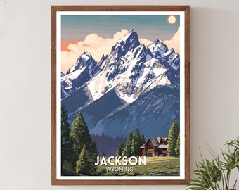 Jackson Hole reseaffisch, USA väggkonst, Jackson Wyoming City poster, Grand Teton konstverk, Retro Jackson resetryck, Jackson Wyoming
