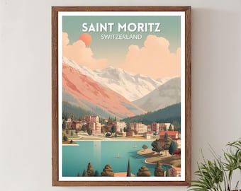 Plakat podróżniczy w stylu retro w Saint-Moritz, Szwajcaria, sztuka górska w stylu mid-century modern, sztuka ścienna w Europie