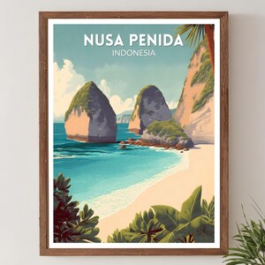 Nusa Penida Indonesien Retro reseaffisch, modern vintage landskapskonst från mitten av århundradet, asiatisk väggkonst
