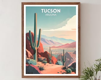 Retro reseposter i Tucson, Arizona, modern väggkonsttryck, vintagedekor i öken och berg, sydvästlig heminredning