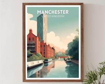 Retro reisposter Manchester Verenigd Koninkrijk, moderne vintage stadskunst uit het midden van de eeuw, kunst aan de muur Europa