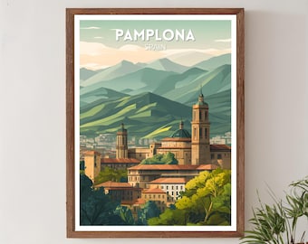 Retro reisposter Pamplona, Spanje, moderne vintage stadskunst uit het midden van de eeuw, kunst aan de muur Europa