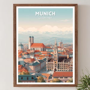 Pôster de viagem retrô de Munique, Alemanha, arte urbana bávara vintage moderna de meados do século XX, arte de parede europeia.