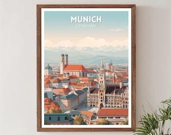 Póster de viaje retro de Múnich, Alemania, arte urbano bávaro vintage moderno de mediados de siglo, arte mural europeo