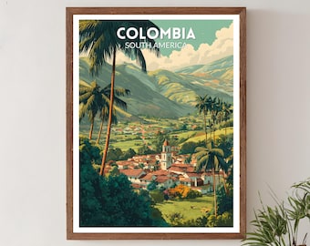 Poster di viaggio retrò della Colombia, stampa artistica da parete moderna di metà secolo, decorazione paesaggistica vintage, arte domestica sudamericana