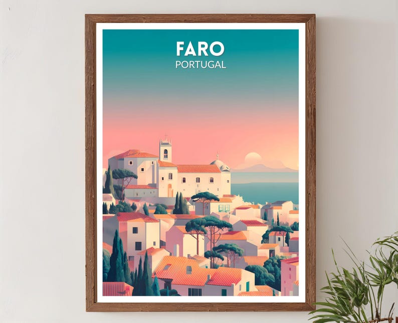 May include: A framed art print featuring a stylized illustration of Faro, Portugal. The artwork depicts white buildings with orange rooftops, green trees, and a sunset sky. The text "FARO PORTUGAL" is at the top.