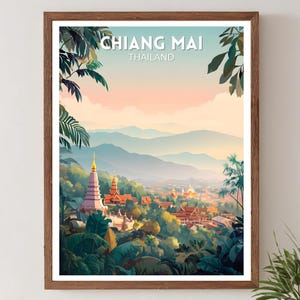 Chiang Mai Thailand Retro Travel Poster, Mid Century Modern Vintage Temple Art, Asia Wall Art