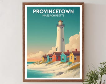 Retro reseaffisch i Provincetown, Massachusetts, modern väggkonsttryck, vintage kustlandskapsdekor, amerikansk heminredning