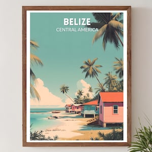 May include: Framed art print featuring a tropical beach scene in Belize, Central America. The artwork depicts colorful buildings, palm trees, and a turquoise ocean under a blue sky. The text "BELIZE CENTRAL AMERICA" is at the top.