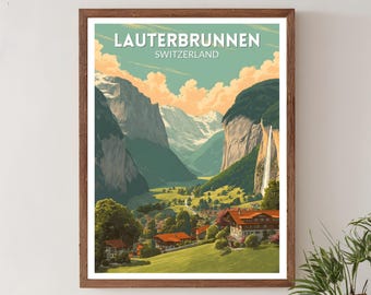 Lauterbrunnen Switzerland Retro Travel Poster, Mid Century Modern Wall Art Print, Vintage Alpine Landscape Decor, European Home Art