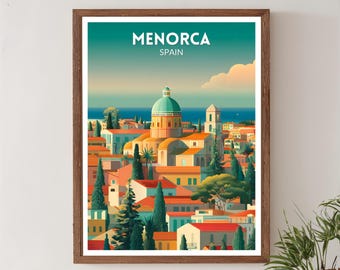 Retro reisposter Menorca Spanje, moderne vintage kustkunst uit het midden van de eeuw, kunst aan de muur Europa