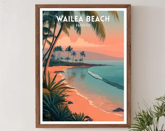 May include: A framed art print of Wailea Beach, Hawaii. The artwork depicts a tropical beach scene with palm trees, a sandy shore, and a turquoise ocean under a sunset sky. The text "WAILEA BEACH HAWAII" is displayed at the top.
