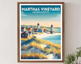 Poster di viaggio retrò di Martha's Vineyard, Massachusetts, arte costiera vintage moderna di metà secolo, arte murale del Nord America