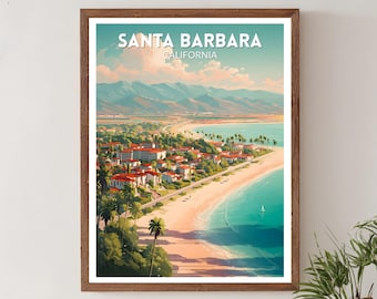 Santa Barbara California Retro Travel Poster, Mid Century Modern Wall Art, Vintage Coastal Landscape Print, Beach Decor
