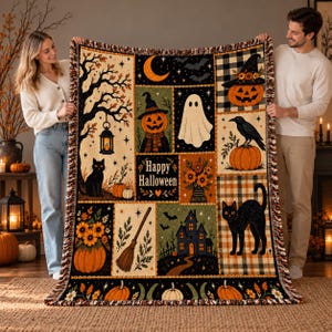 Personalized Vintage Halloween Tasseled Blanket, Pumpkin Ghost Black Cat Patchwork Throw, Witchy Haunted House Fall Decor, Halloween Gift