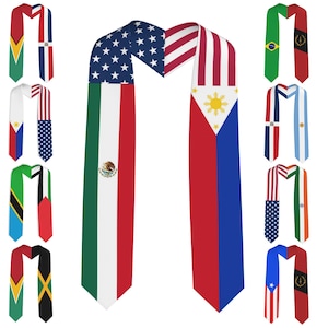 May include: A collection of graduation stoles featuring various national flags. The stoles display the flags of the United States, Mexico, Philippines, Brazil, Argentina, and others. Each stole is a vibrant display of color and national symbols.