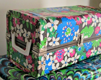 Vintage Flower Power Suitcase | UNIQUE Retro Doll Case | Vibrant Jewel Toned Flowers: Pink, Blue, Green, Black, White Shabby Chic Luggage