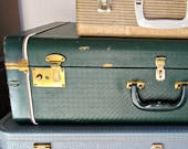 Vintage Green Suitcase LARGE Stackable Antique Green Luggage Gorgeous Gold Brass Rose Satin Fabric Interior Shabby Chic Perfection