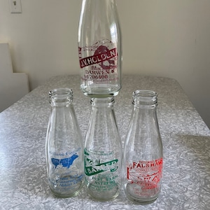 Vintage Glass Milk Bottles & Carrier Made in England, Instant Collection of Four (4) Colorful Milk Advertising Bottles, Displays Beautifully