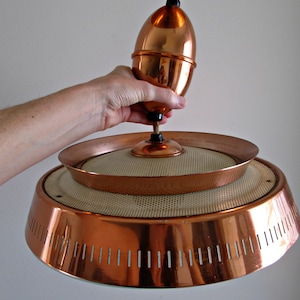 Mid Century Modern Pull Down Light STUNNING Harmony House Copper Lamp, Atomic UFO Flying Saucer Ceiling Mount, Pinhole Diffuser, Glass Shade image 7