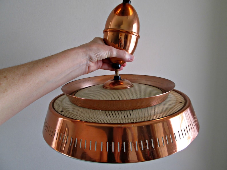 Mid Century Modern Pull Down Light STUNNING Harmony House Copper Lamp, Atomic UFO Flying Saucer Ceiling Mount, Pinhole Diffuser, Glass Shade image 7